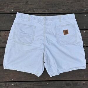 White Cotton Carhartt Shorts w/ Tan Brown Leather Backpatch
